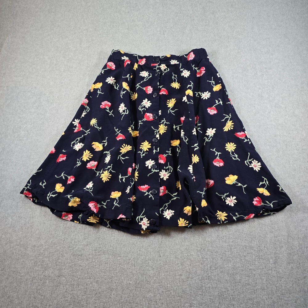 Weathervane Vintage 90s Floral Button Front Skirt Navy Blue Rayon Large USA 6147